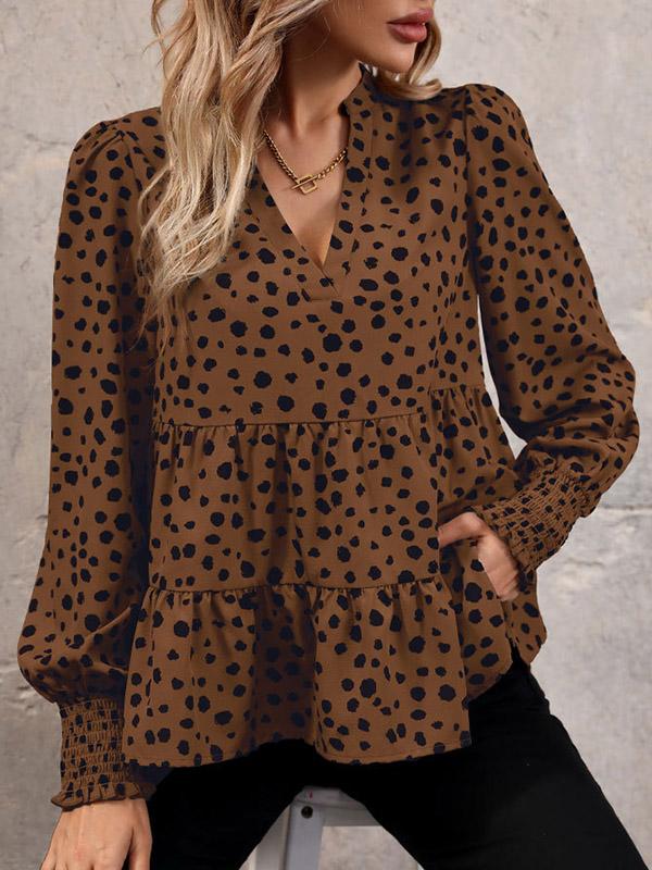 Long Sleeves Loose Elasticity Polka-Dot Split-Joint V-Neck Blouses&Shirts Tops Product Image