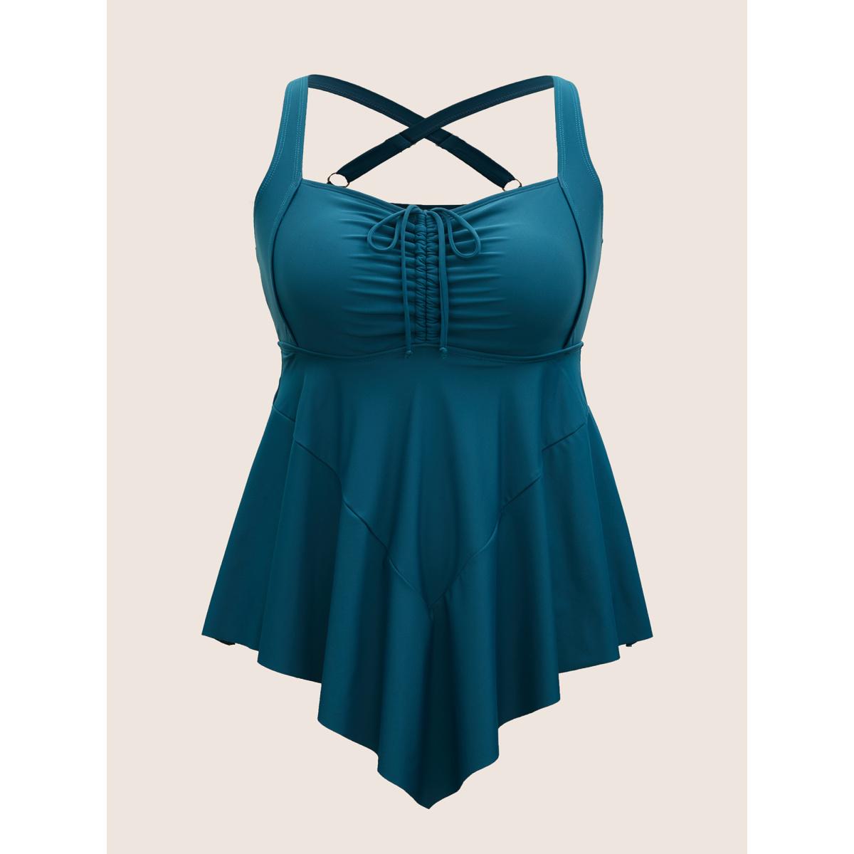 Plus Size Plain Gathered Adjustable Straps Drawstring Swim Dress Women's Swimwear Teal Beach Bodycon Heart neckline High stretch Curve Swim Dresses BloomChic 26/4X Product Image