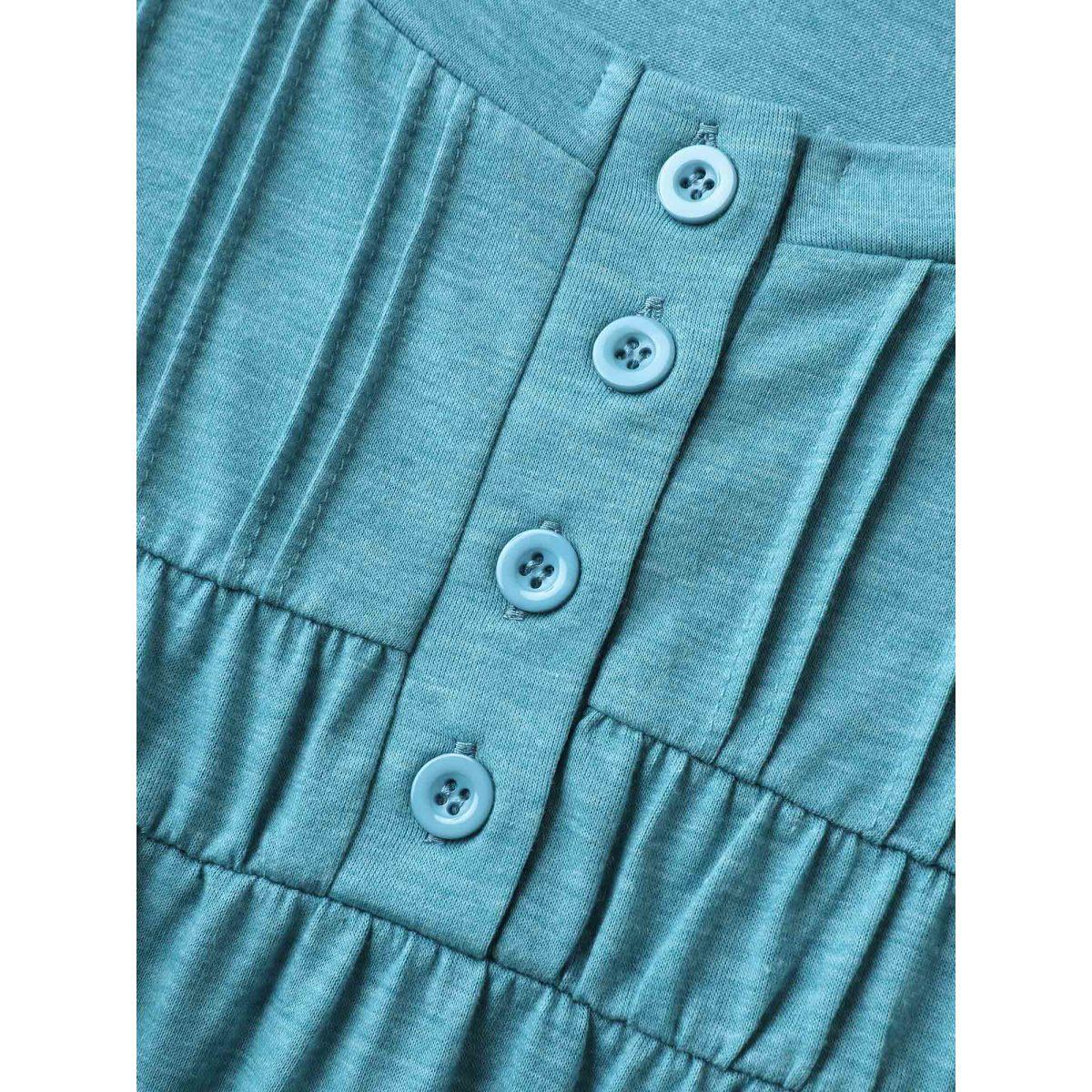 Plus Size Heather Pleated Buttons Placket Solid T-Shirt Cerulean Women Leisure Tucked seam Round Neck Casual T-shirts BloomChic 12/L Product Image