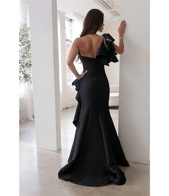 Terani Couture Mikado One Shoulder Ruffle Sleeve Sequin Applique Gathered Side Slit Gown Product Image