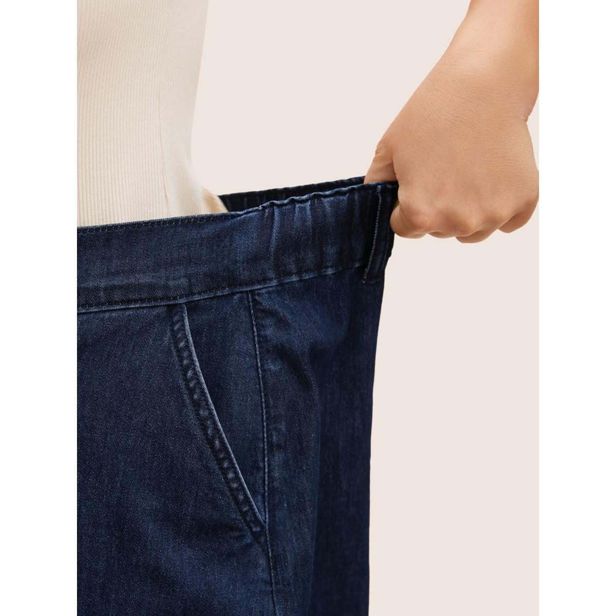 Plus Size Dark Wash Slanted Pocket Loose Denim Shorts Women Denimindigo Button Medium stretch Everyday Slanted pocket Casual Denim Shorts BloomChic 12/L Product Image