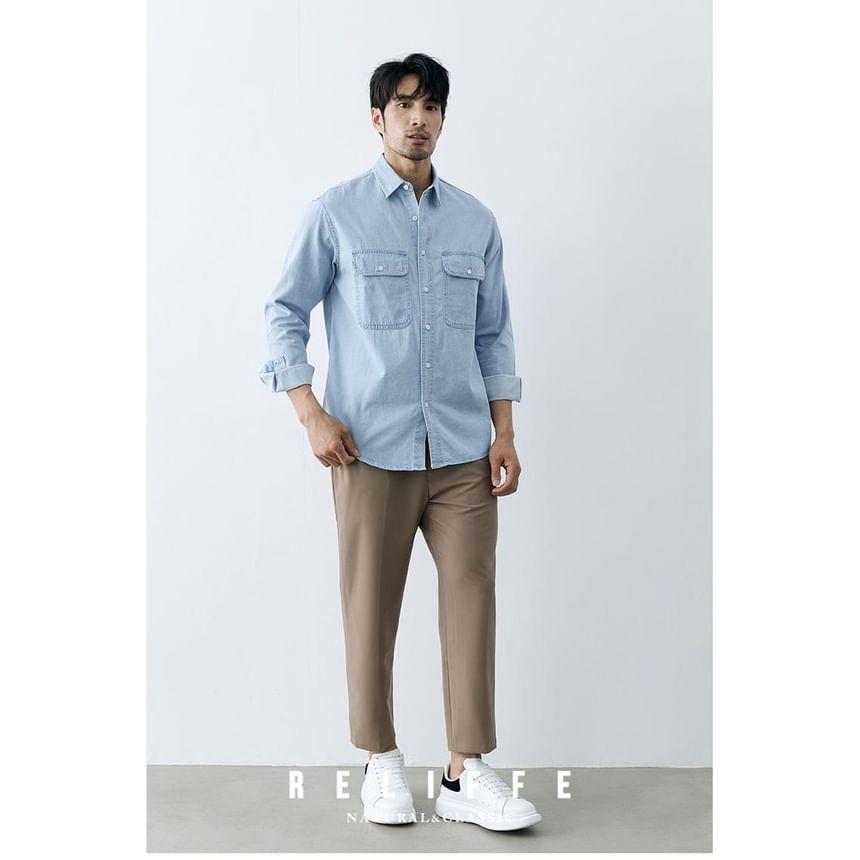 Long Sleeve Collared Denim Cargo Shirt Product Image