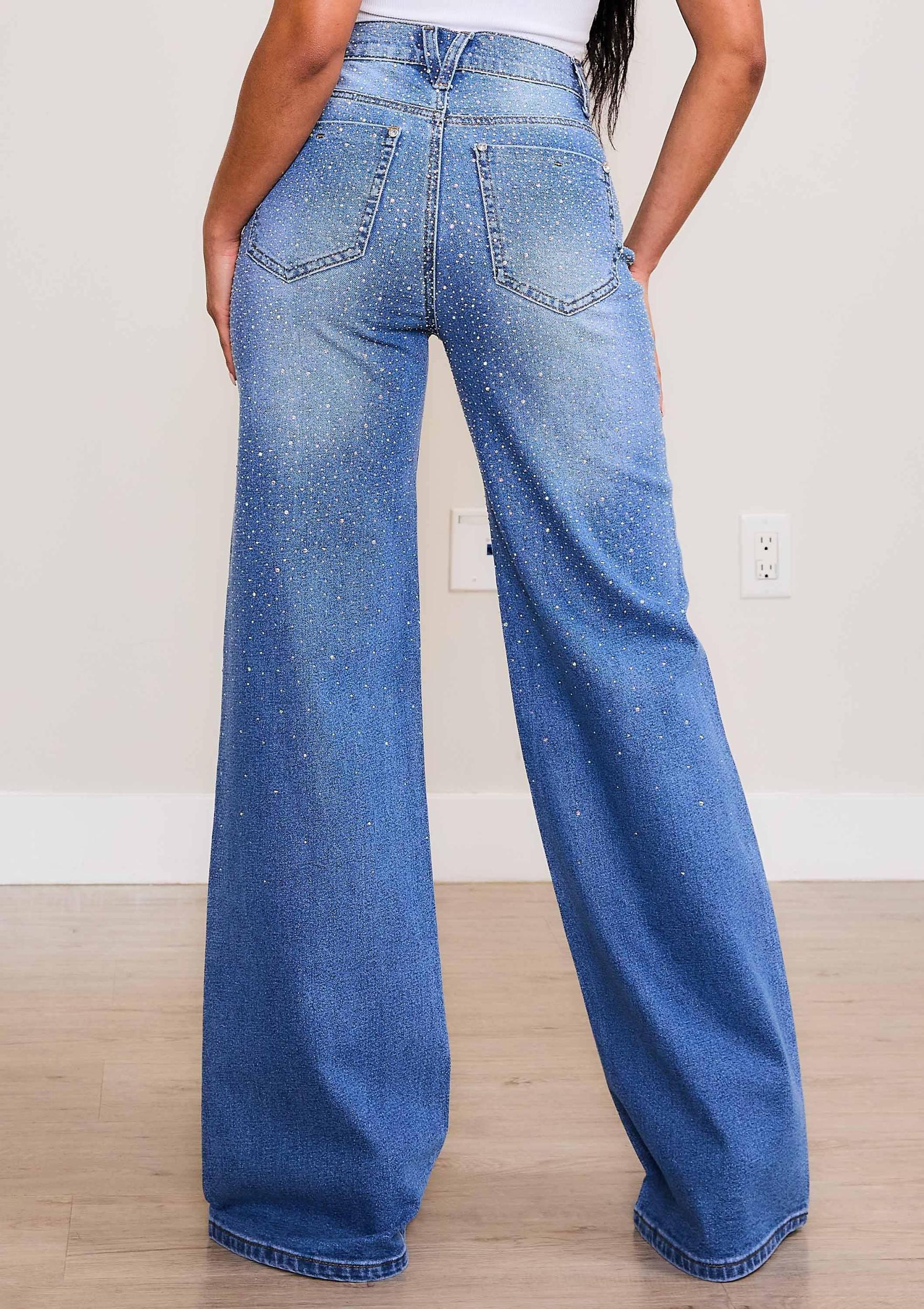 Iridescent Rhinestone High-Rise Wide Leg Jeans Product Image