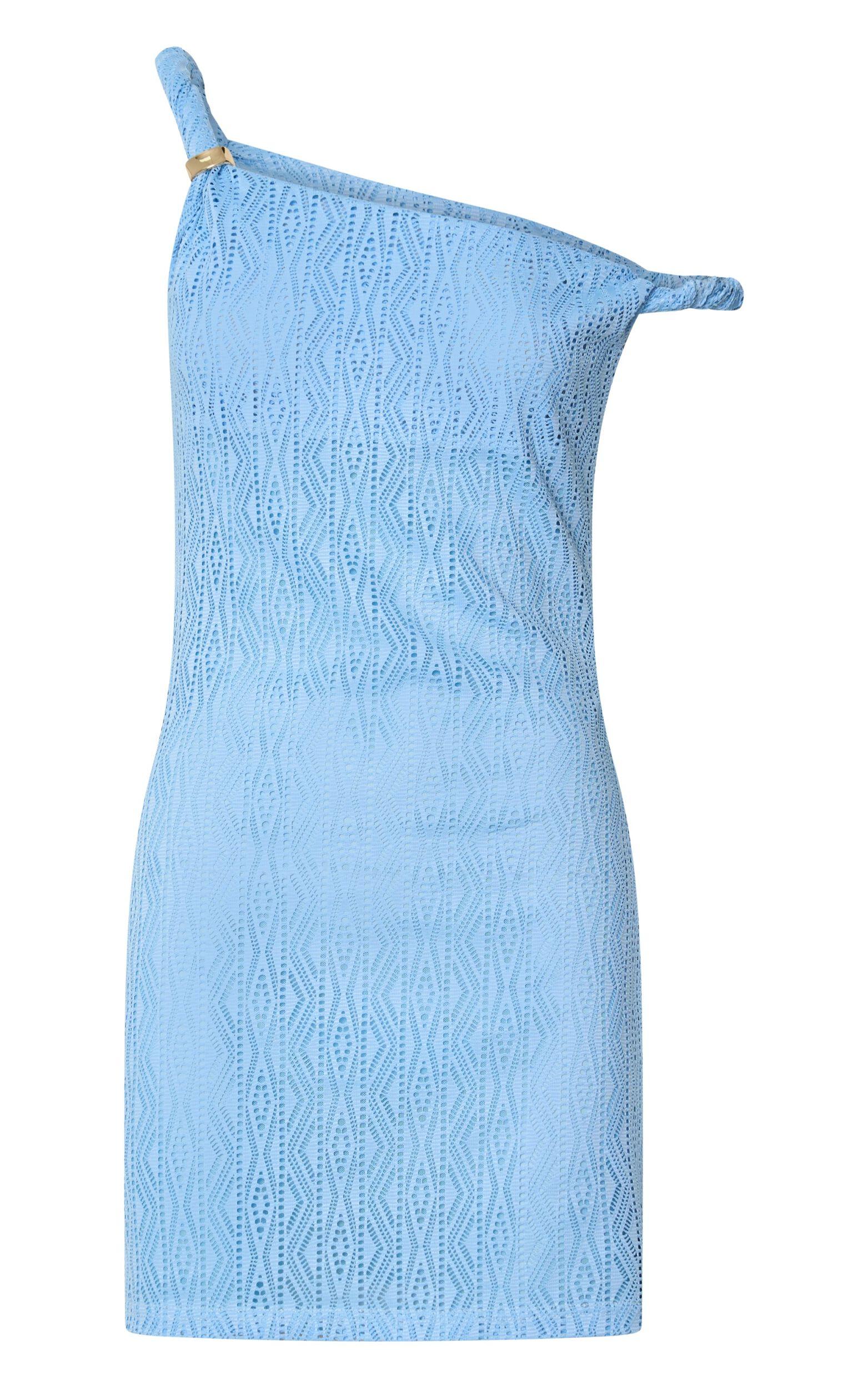 Jude Mini Dress - Twist Straps Tipped Shoulder Fitted Pointelle Jersey Dress in Blue Product Image