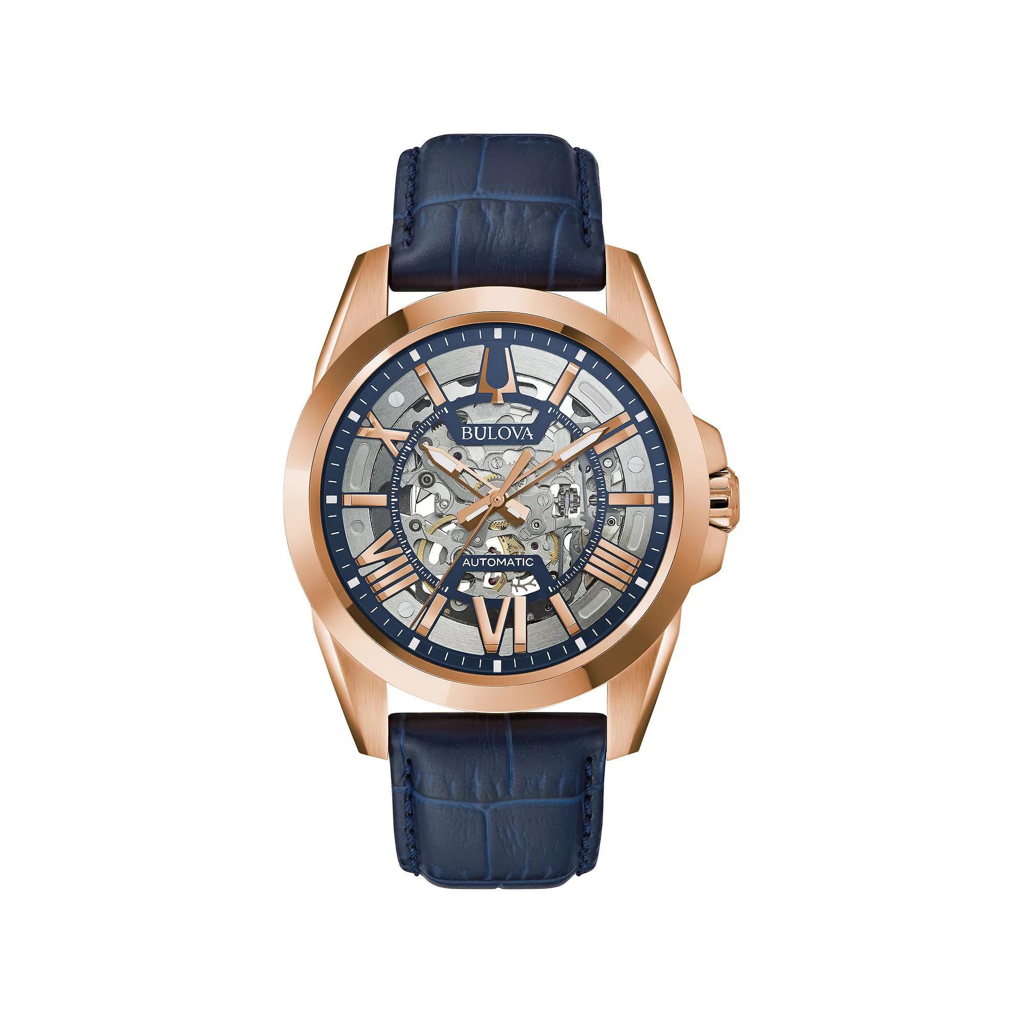 Mens Bulova Blue Leather Strap Automatic Skeleton Watch - 97A161 Product Image