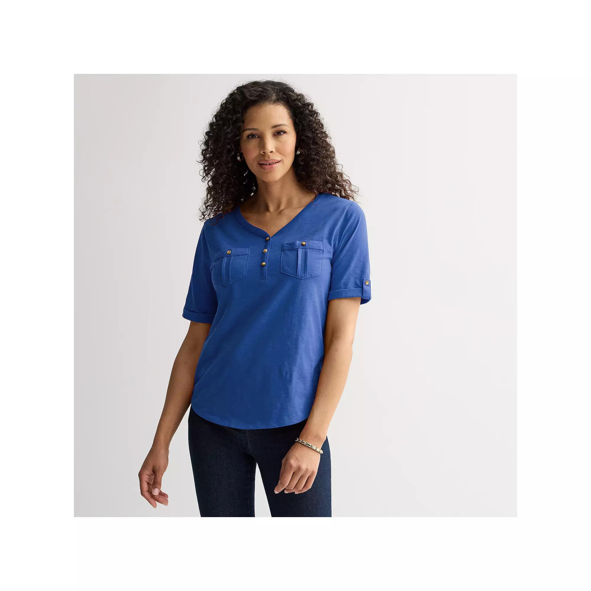 Petite Croft & Barrow Elbow Sleeve Utility Henley Top, Womens Product Image