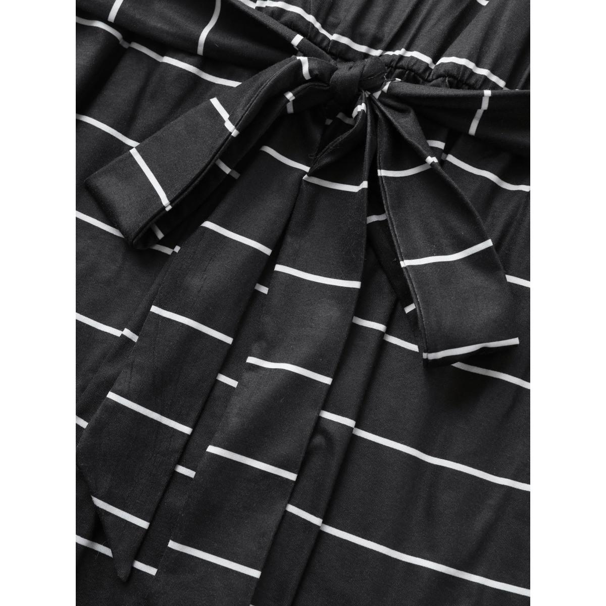 Plus Size Striped Batwing Cuffed Sleeve Belted Dress Black Women Casual Belted V-neck Half Sleeve Curvy Midi Dress BloomChic 10/M Product Image