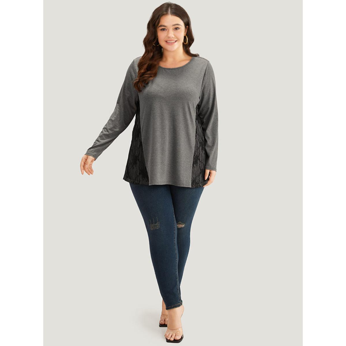 Plus Size Crochet Lace Crew Neck Patchwork T-shirt Gray Women Elegant Contrast Plain Round Neck Everyday T-shirts BloomChic 10/M Product Image
