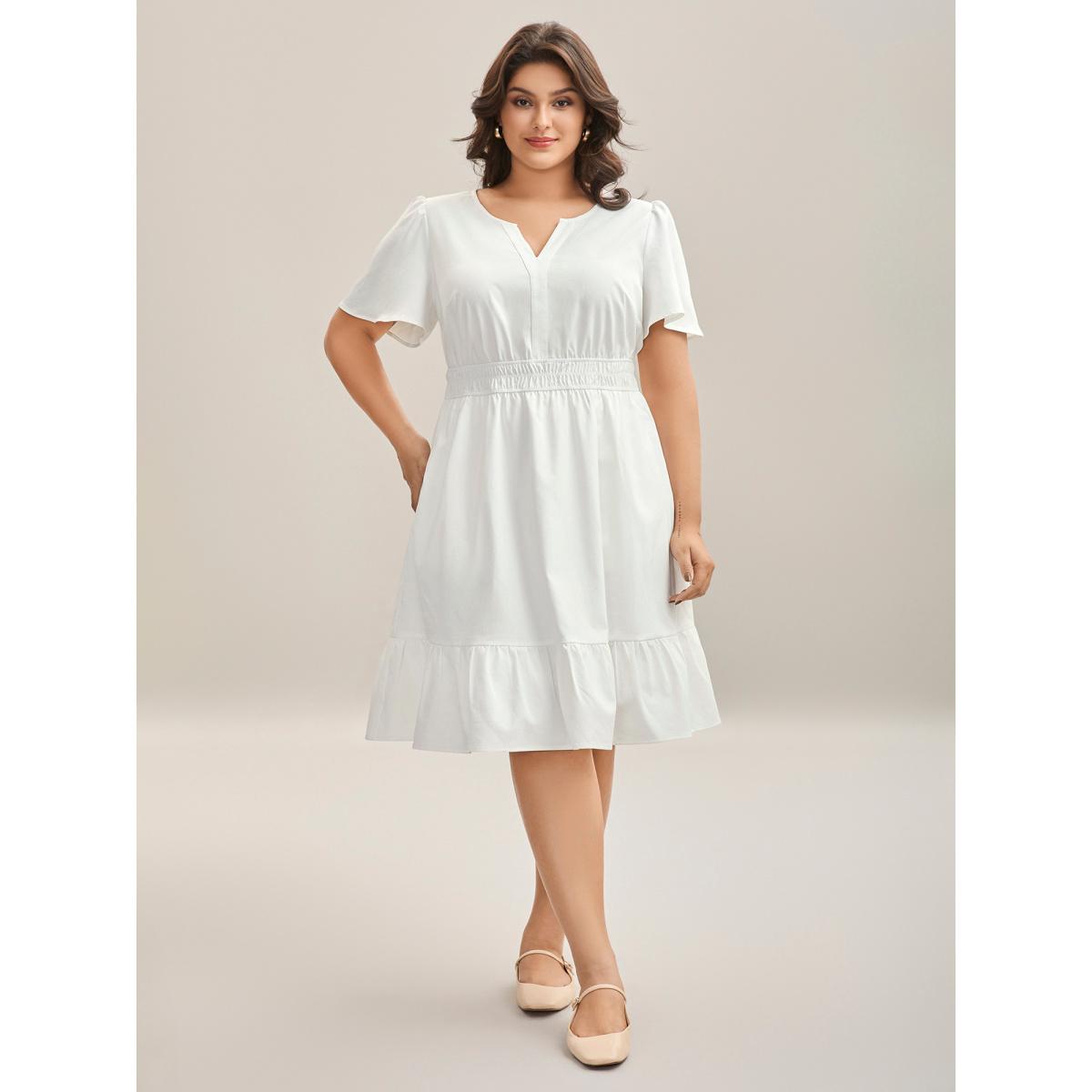 Plus Size Woven Shirred Waist Split Neck Midi Dress Originalwhite Women Flat collar with V-notch Short sleeve Curvy BloomChic 30/6X Product Image