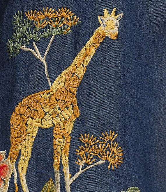 JOHNNY WAS Jane Lightweight Denim Placement Embroidery Point Collar Half-Zip Long Sleeve Shirt Tunic Product Image