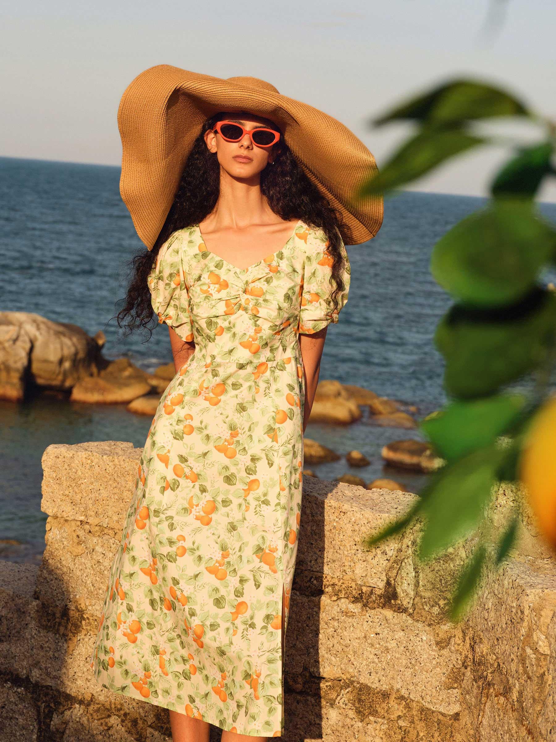 Cotton Floral Print Twist Front Women Midi Dress Product Image