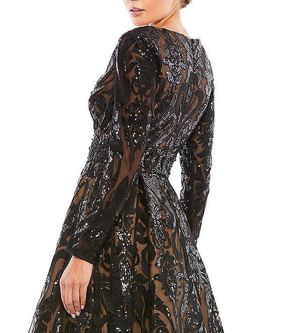 Mac Duggal Deep V-Neck Long Sleeve Fully Lined Sequin Fit and Flare Midi Dress Product Image