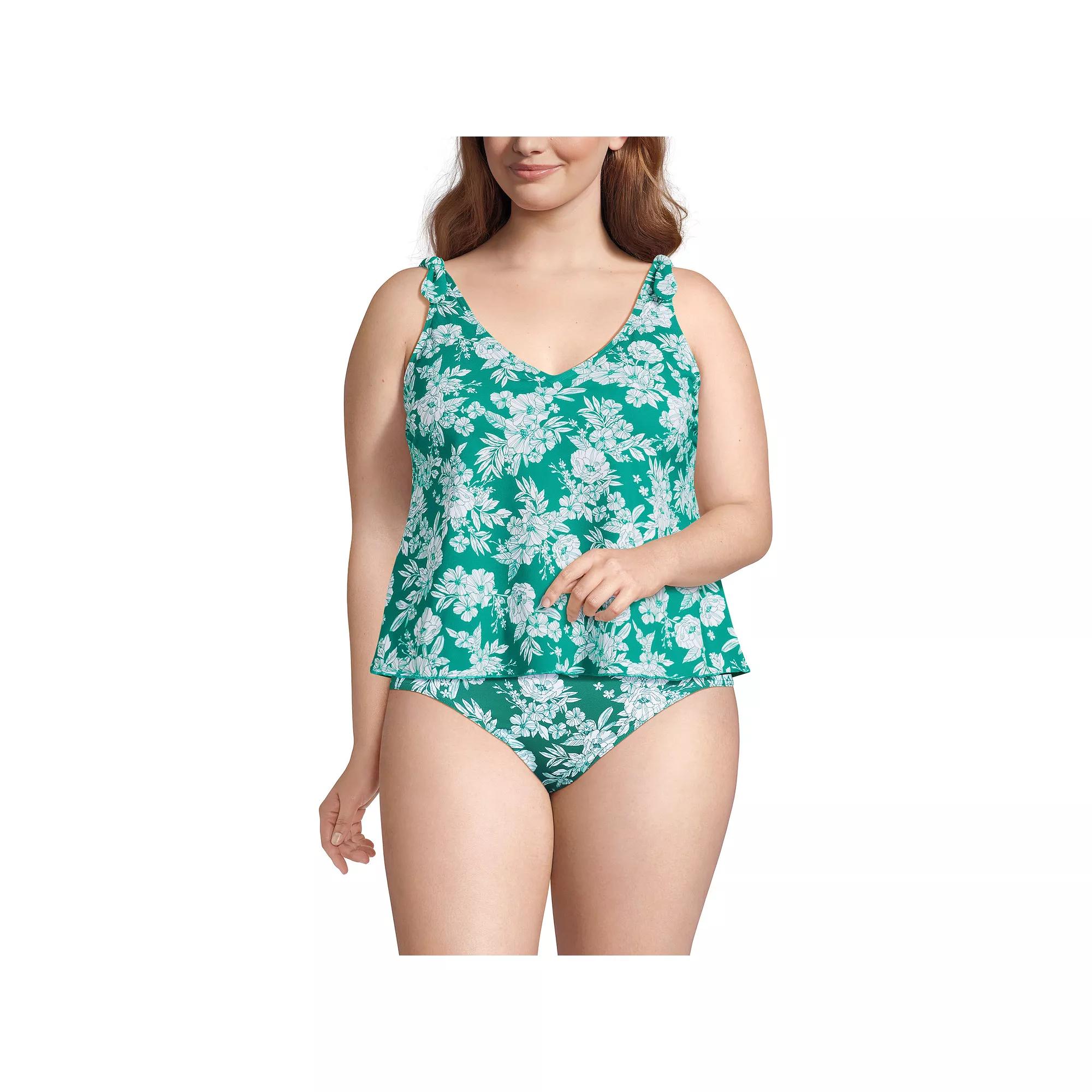 Plus Size Lands' End Tie Shoulder Flutter Tankini Top, Women's, Size: 22 W, Green White Floral Product Image