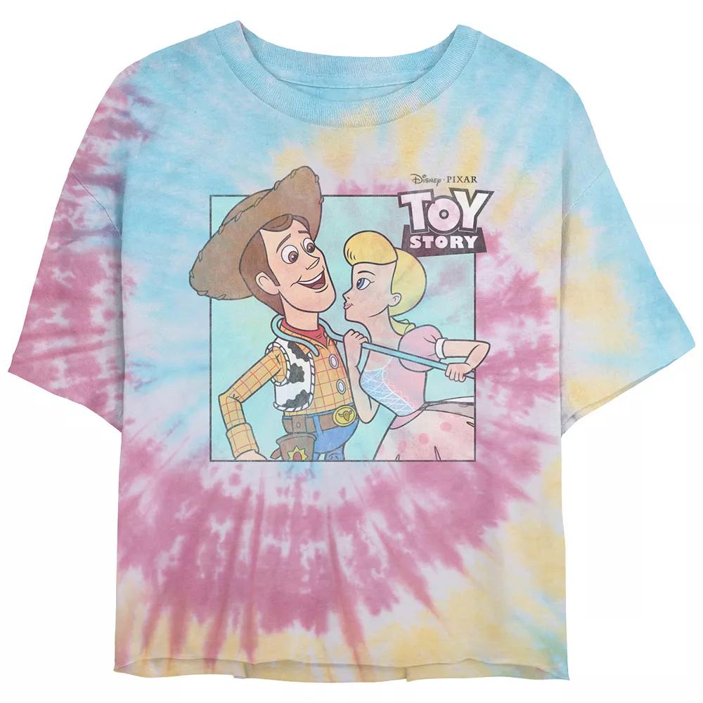 Disney / Pixar's Toy Story Woody And Bo Peep About To Kiss Juniors' Cropped Tie Dye Graphic Tee, Women's, Size: Large, Blue Pink Light Yellow Product Image
