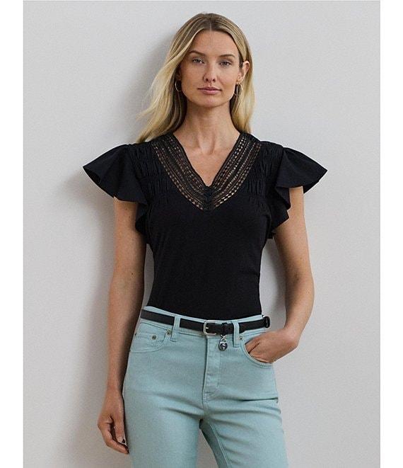 Lauren Ralph Lauren Cotton Blend V-Neck Lace Trim Tee Product Image