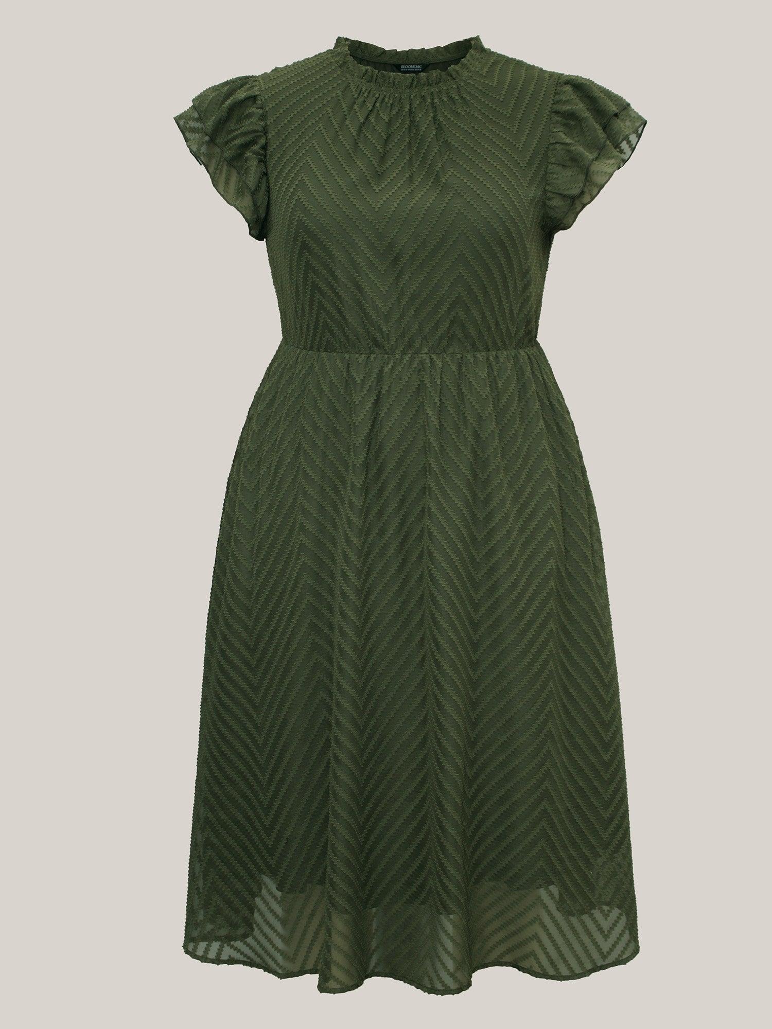 Plain Geometric Layered Sleeve Pocket Ruffle Mock Neck Dress Female Product Image