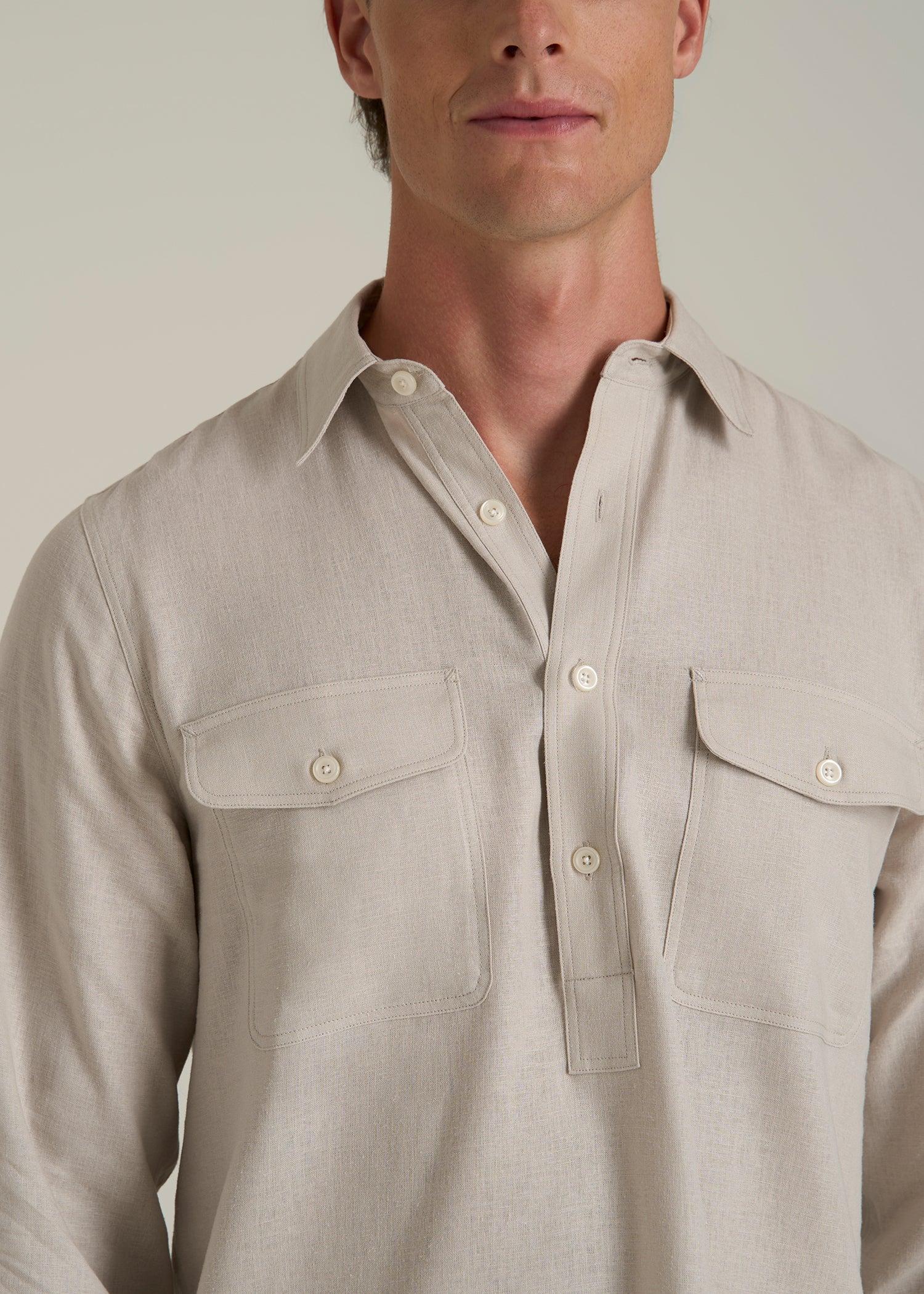 Linen Popover Shirt for Tall Men in Light Taupe Male Product Image
