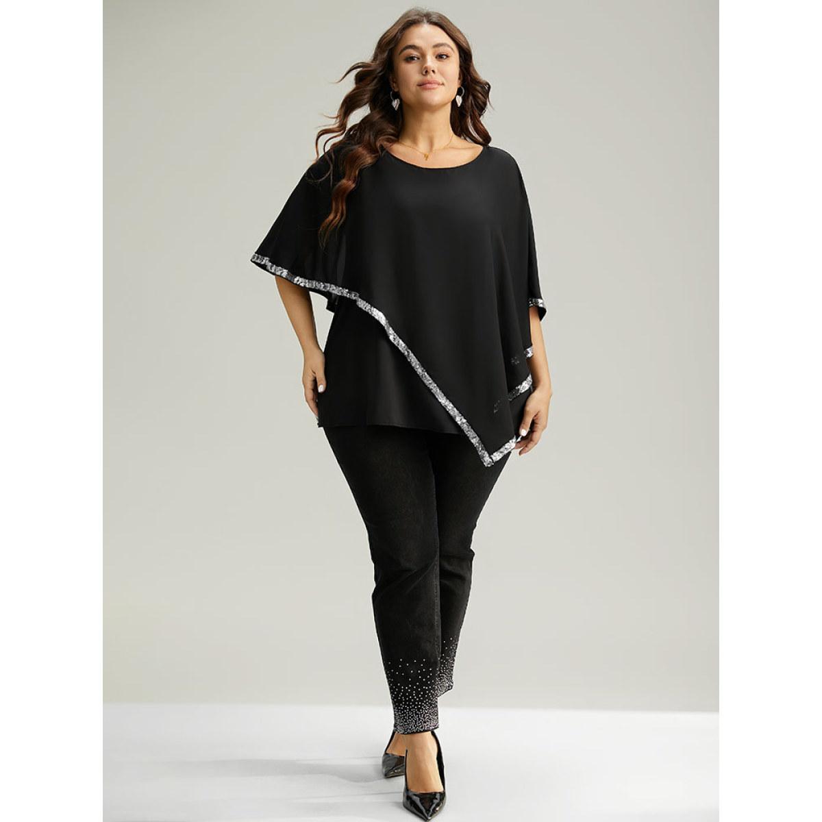 Plus Size Black Sequin Patchwork Asymmetrical Dolman Sleeve Blouse Women Glamour Half Sleeve Round Neck Festival-Christmas Blouses BloomChic 26/4X Product Image