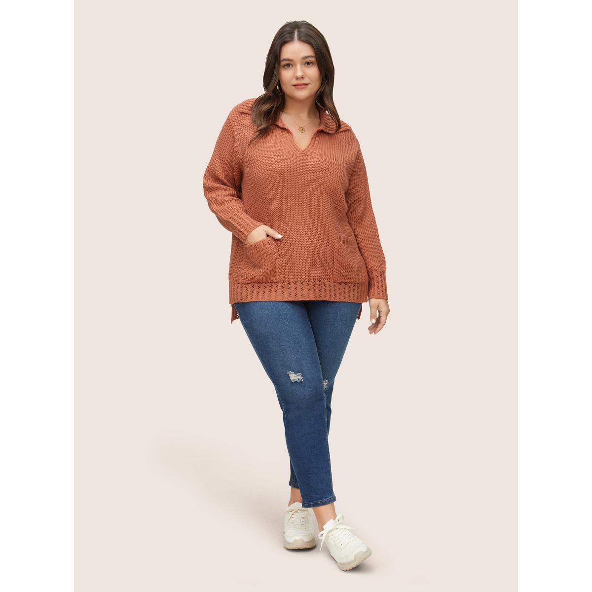 Plus Size Solid Pocket Pointelle Knit Split Hem Pullover Coral Women Casual Long Sleeve Polo Everyday Pullovers BloomChic 26/4X Product Image
