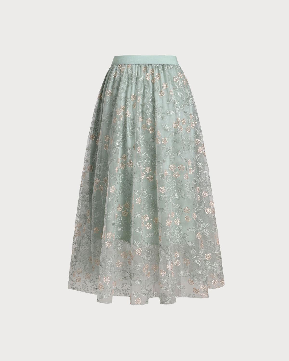 Green Embroidery Elastic Waist Midi Skirt Product Image