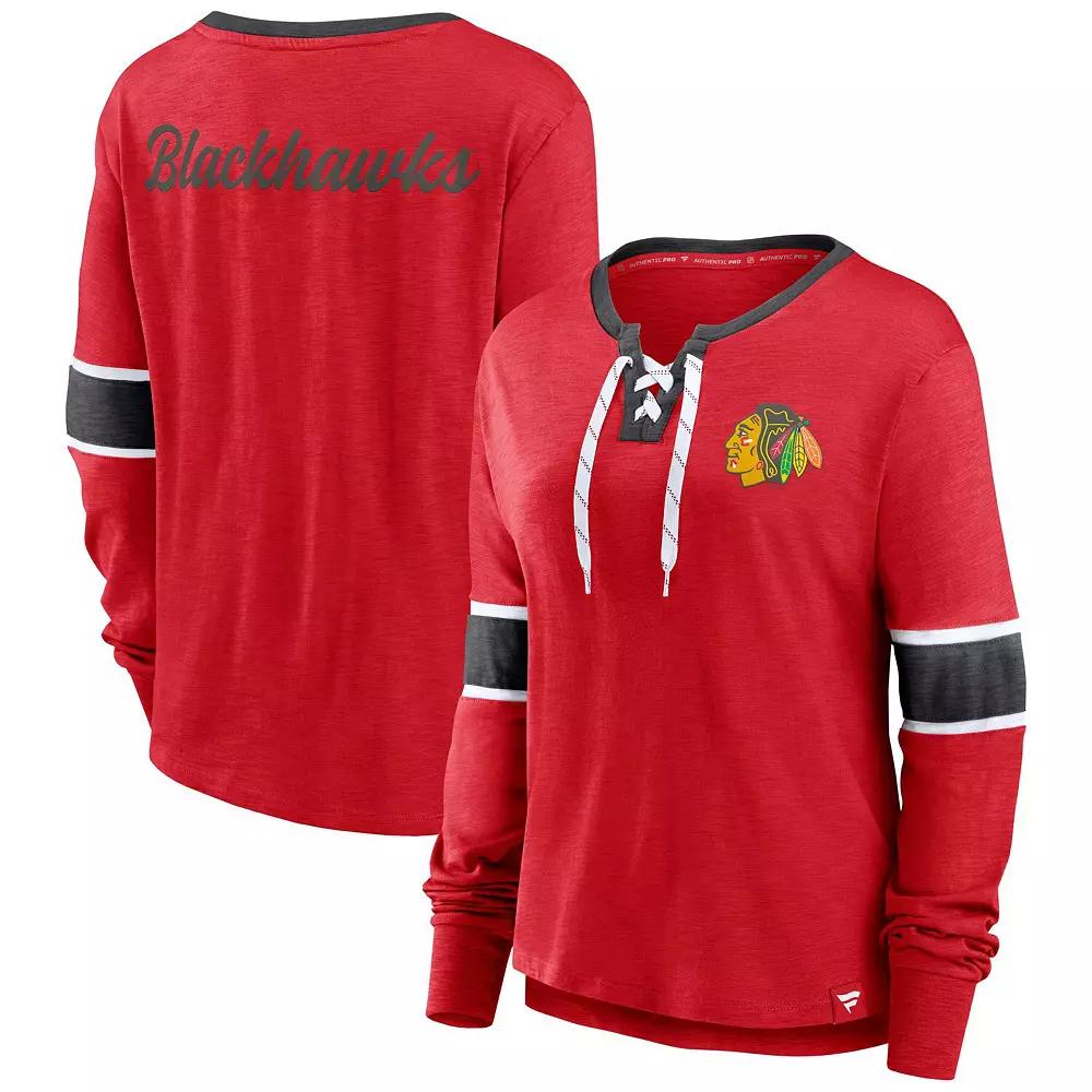Women's Fanatics Branded Red Chicago Blackhawks Effervescent Exclusive Lace-Up Long Sleeve T-Shirt,  Product Image