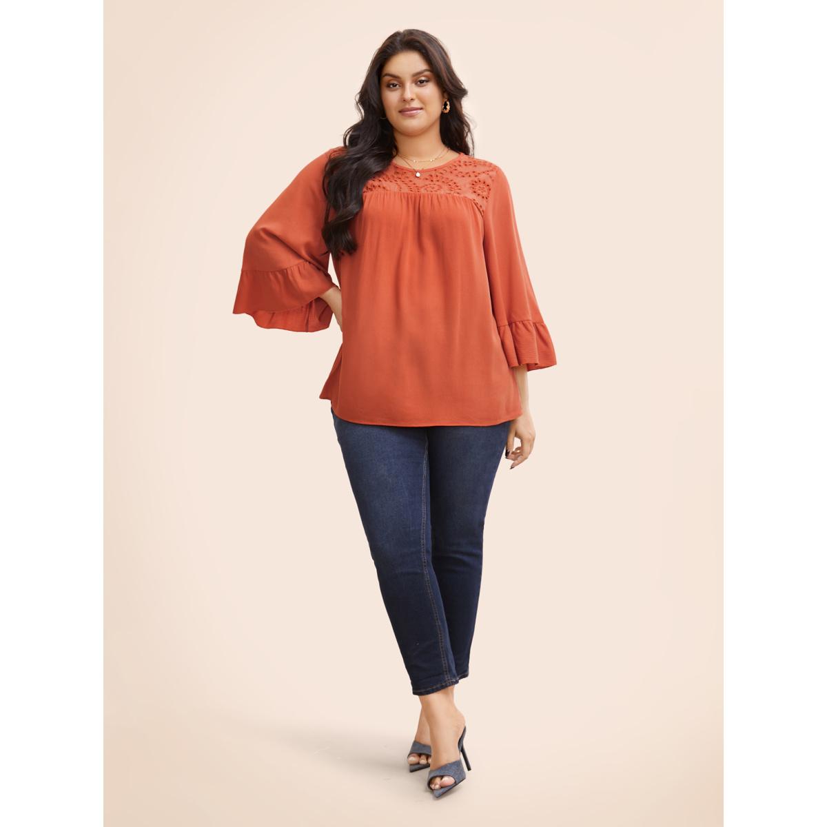 Plus Size Coral Broderie Anglaise Patchwork Ruffle Sleeve Blouse Women Elegant Elbow-length sleeve Round Neck Everyday Blouses BloomChic 22-24/3X Product Image