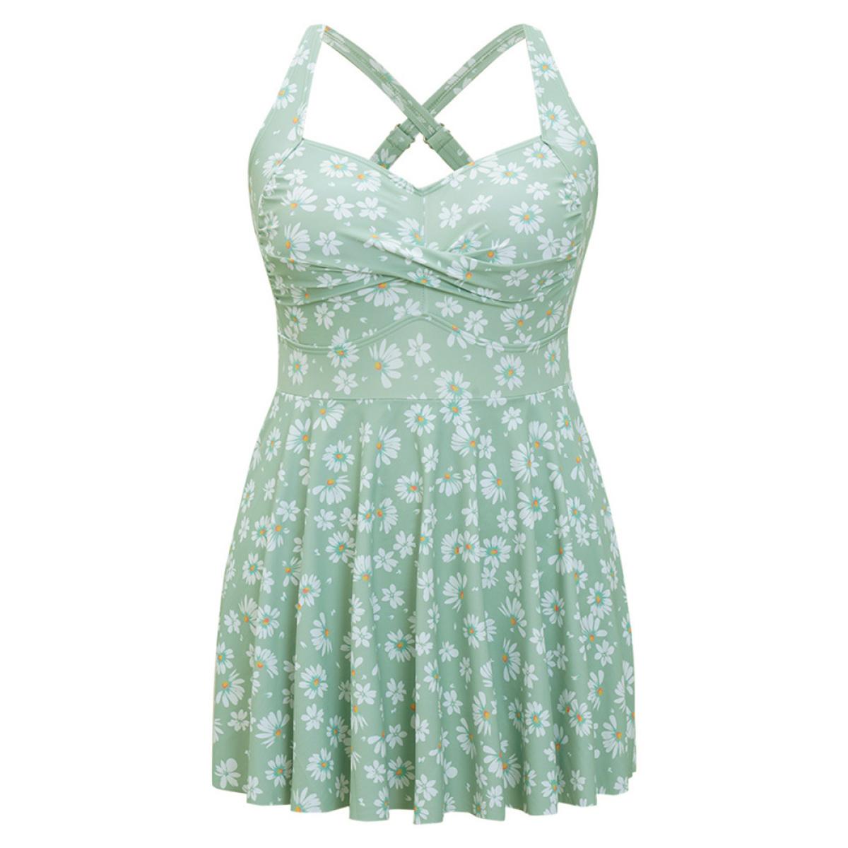 Plus Size Daisy Floral Crossover Flutter Empire Waist Swim Dress Women's Swimwear LightGreen Vacation Bodycon Asymmetrical Neck High stretch Curve Swim Dresses BloomChic 14-16/1X Product Image