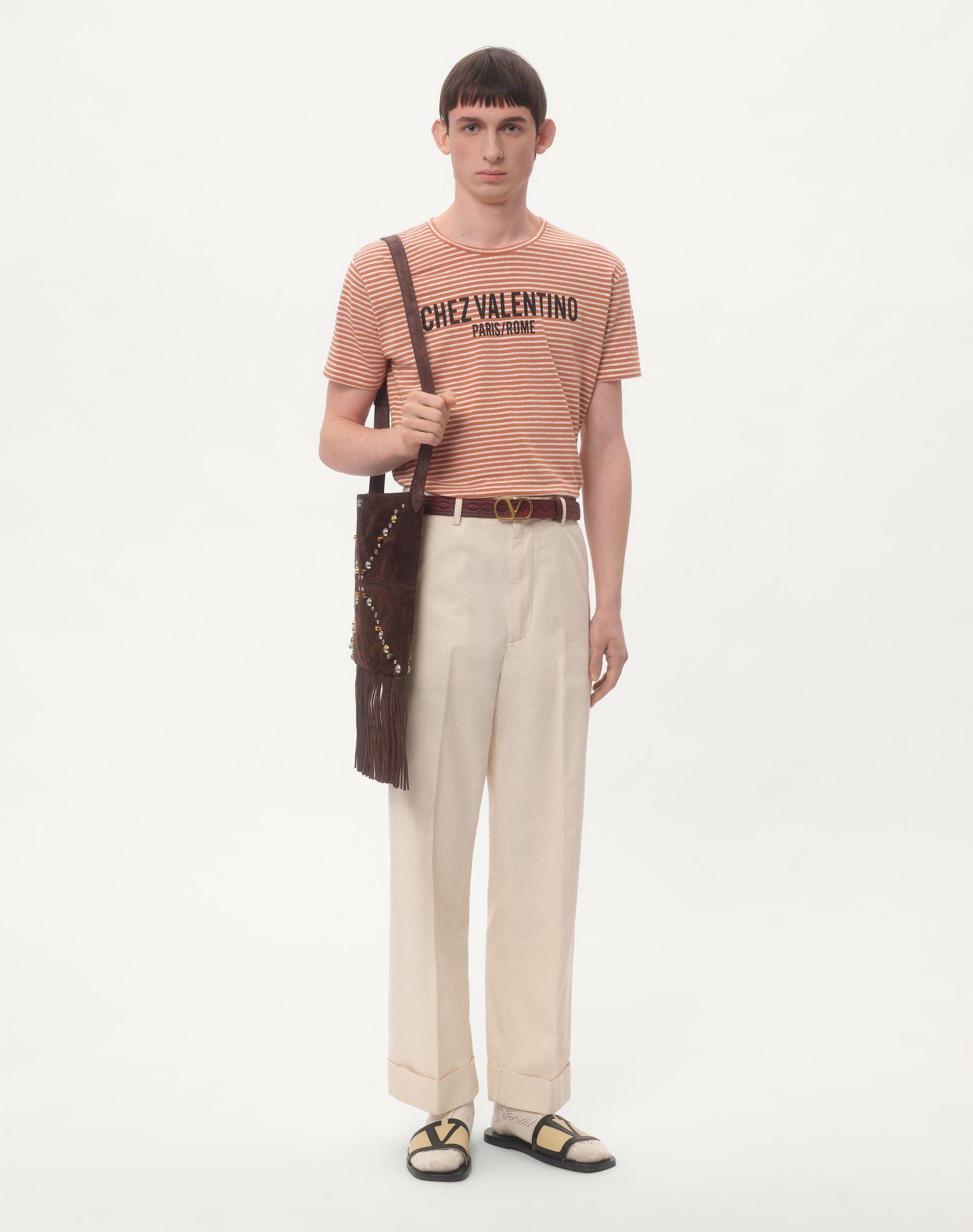 Striped Cotton T-Shirt With Chez Valentino Print Product Image