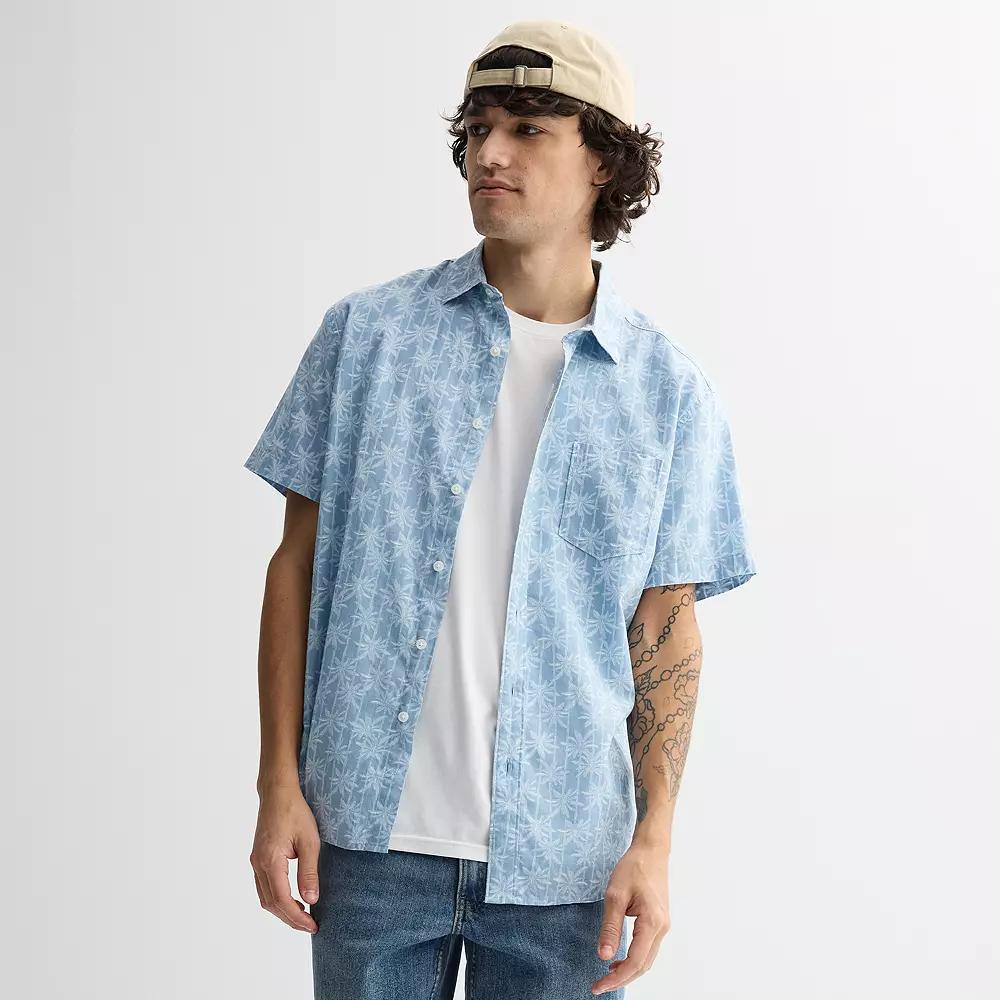 Men's Sonoma Goods For Life® Short Sleeve Perfect Length Linen Shirt, Size: Large, Lt Blue Tropic Palm Product Image