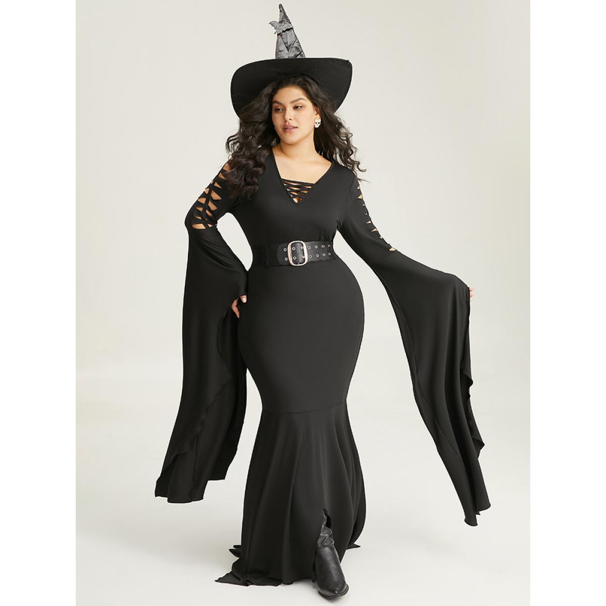 Plus Size Halloween Ripped Extra Long Sleeve Dress Black Women Elegant Plain V-neck Extra Long Sleeve Curvy Maxi Dress BloomChic 22-24/3X Product Image