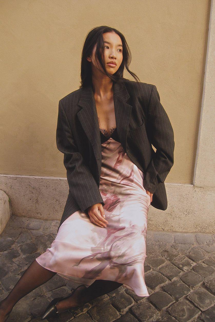 Satin Lace Detail Midi Dress Product Image