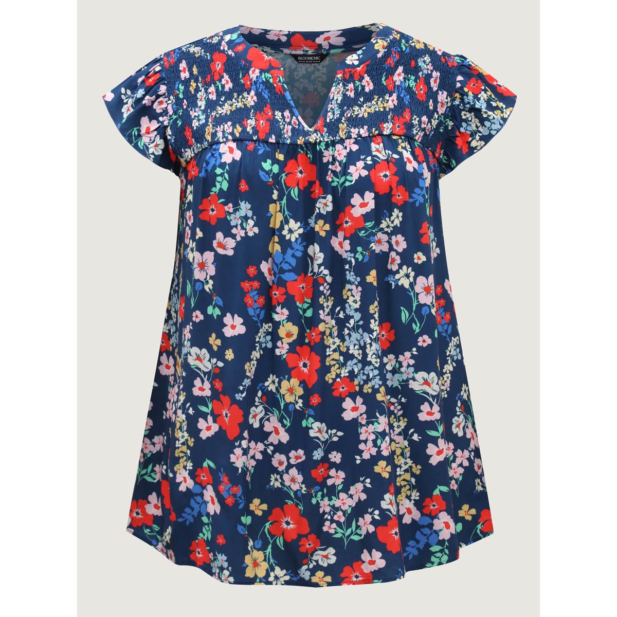 Plus Size DarkBlue Rayon Playful Floral Shirred Blouse Women Cap Sleeve Notched collar Vacation Blouses BloomChic 12/L Product Image