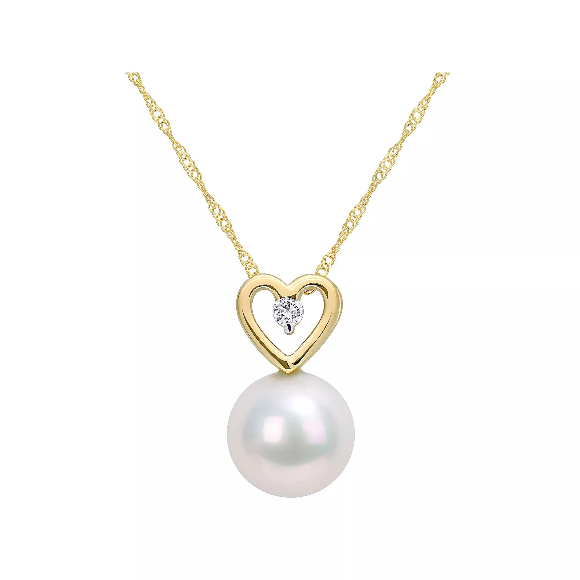 Stella Grace 10k Gold Freshwater Cultured Pearl & Diamond Accent Heart Drop Pendant Necklace, Women's, Size: 17" Product Image