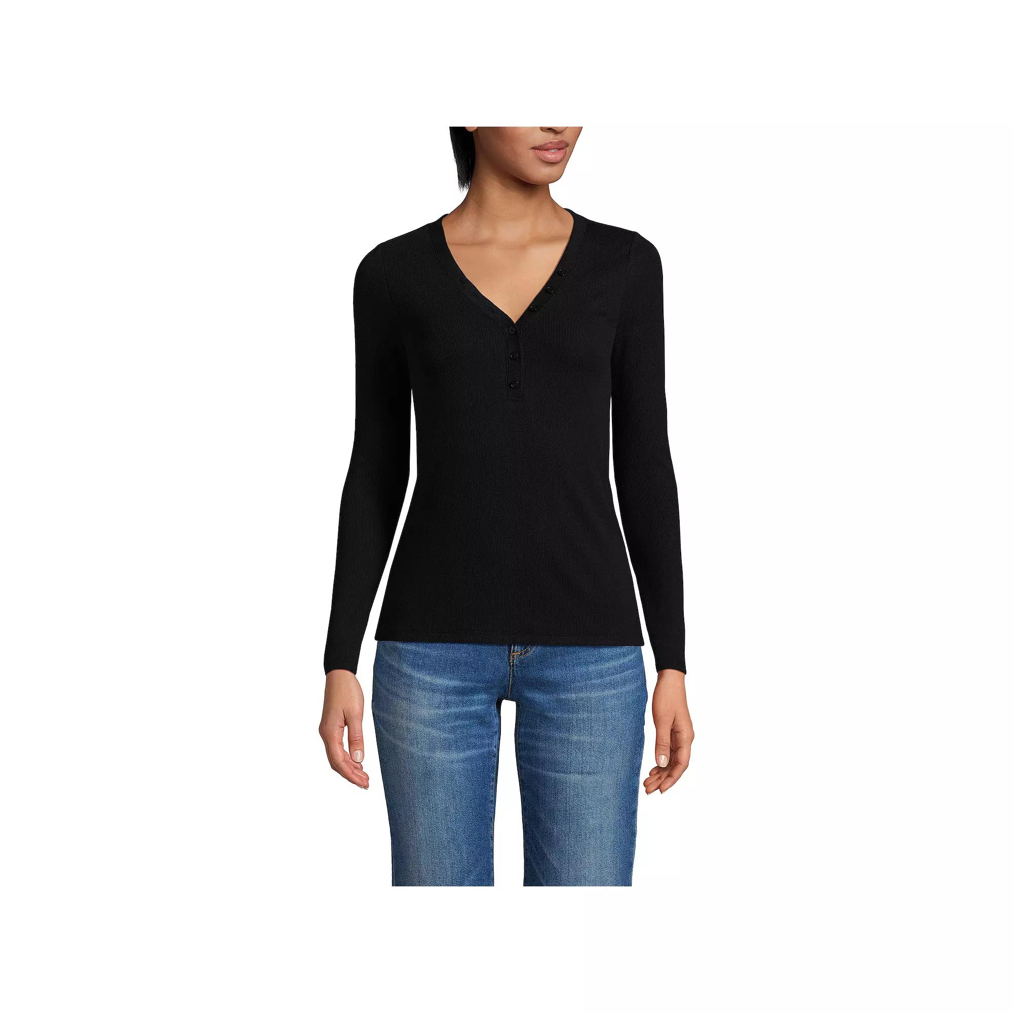 Petite Lands' End Long Sleeve Ribbed Henley, Women's,  Product Image