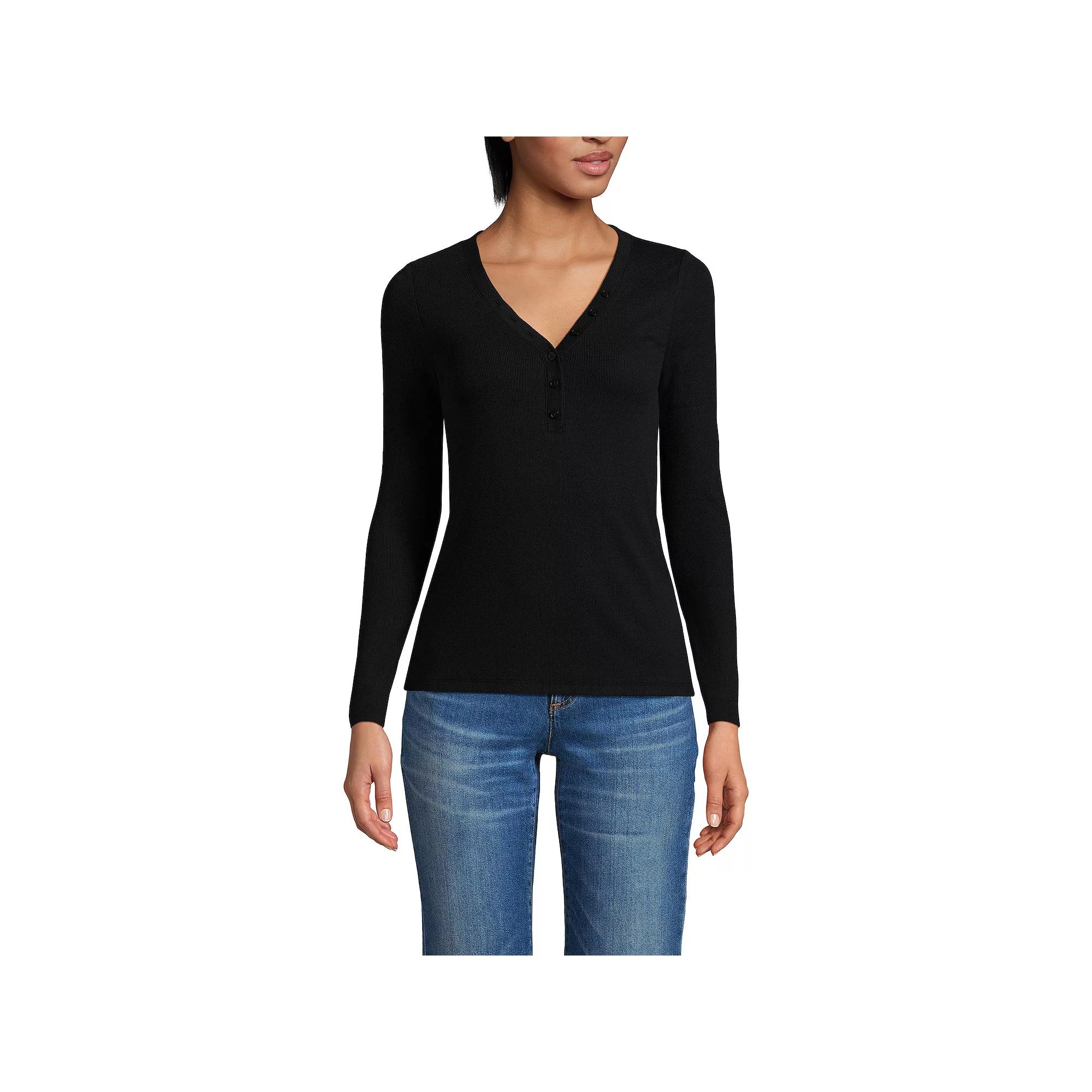 Petite Lands' End Long Sleeve Ribbed Henley, Women's,  Product Image