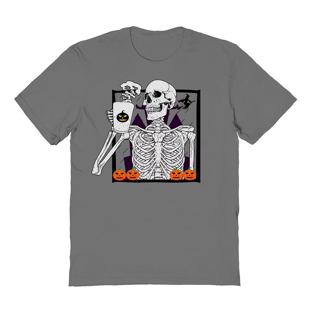 Men's Skeleton Drinking Coffee Halloween Graphic Tee, Size: XXL, Grey Product Image