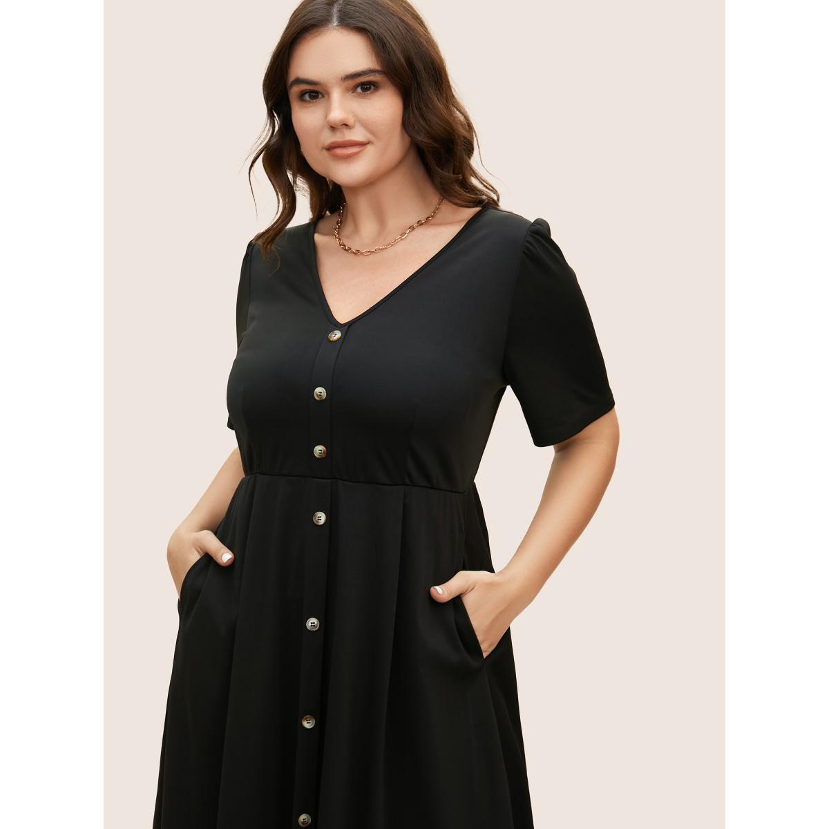 Plus Size V Neck Button Detail Elastic Waist Midi Dress Black Women At the Office Button V-neck Short sleeve Curvy BloomChic 30/6X Product Image