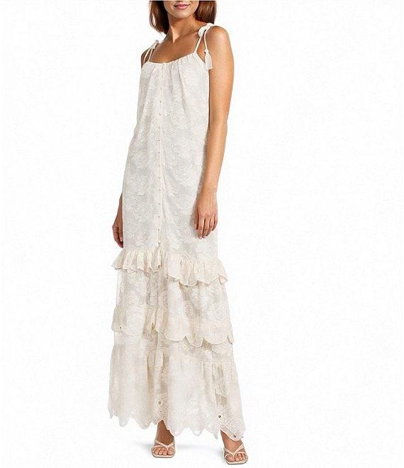 A Loves A Woven Embroidered Lace Sqaure Neck Spaghetti Tie Strap Button Front Tiered Flounce Maxi Dress Product Image