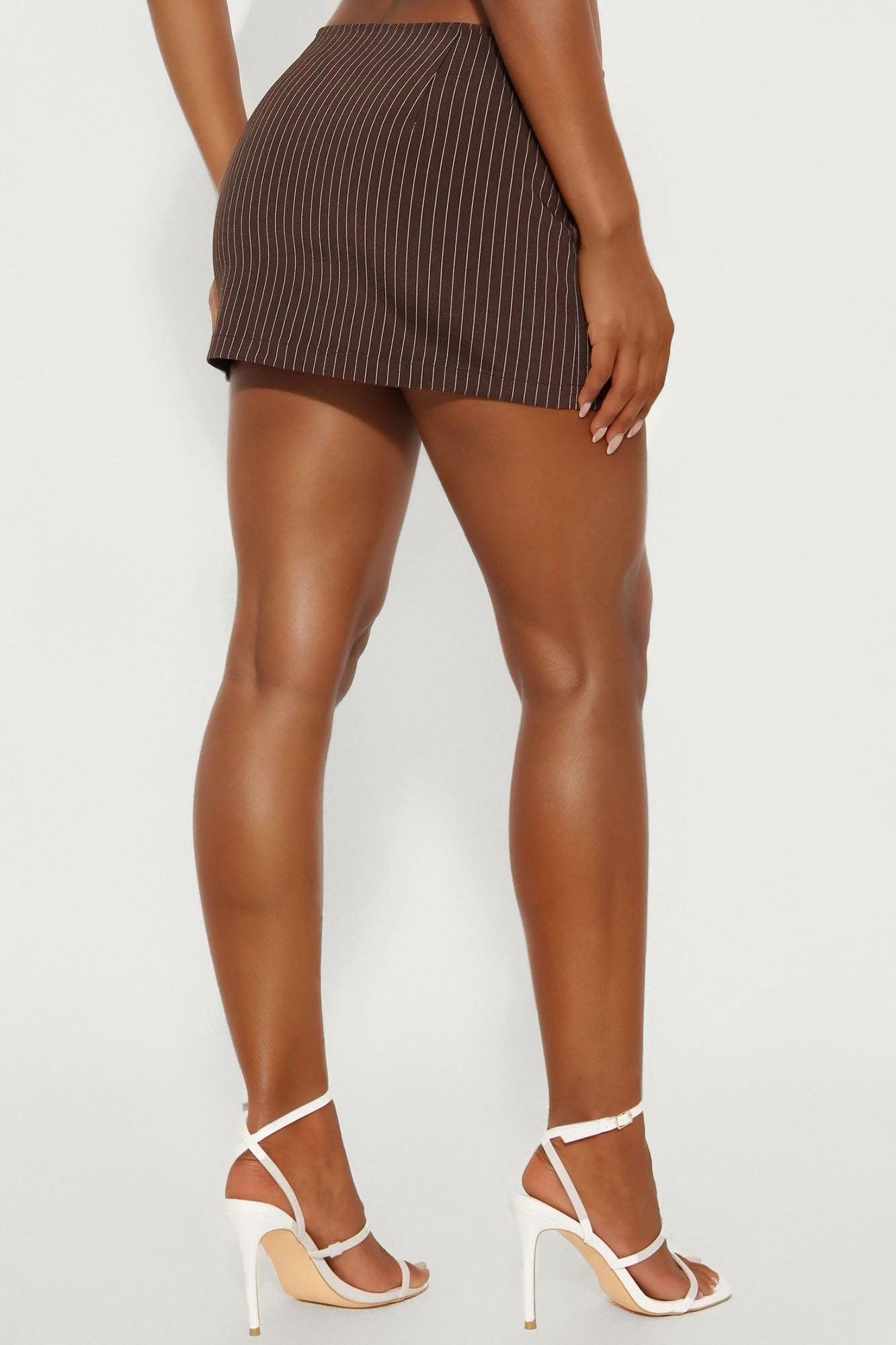 Baddie In Charge Pinstripe Micro Mini Trouser Skirt - Chocolate Female Product Image