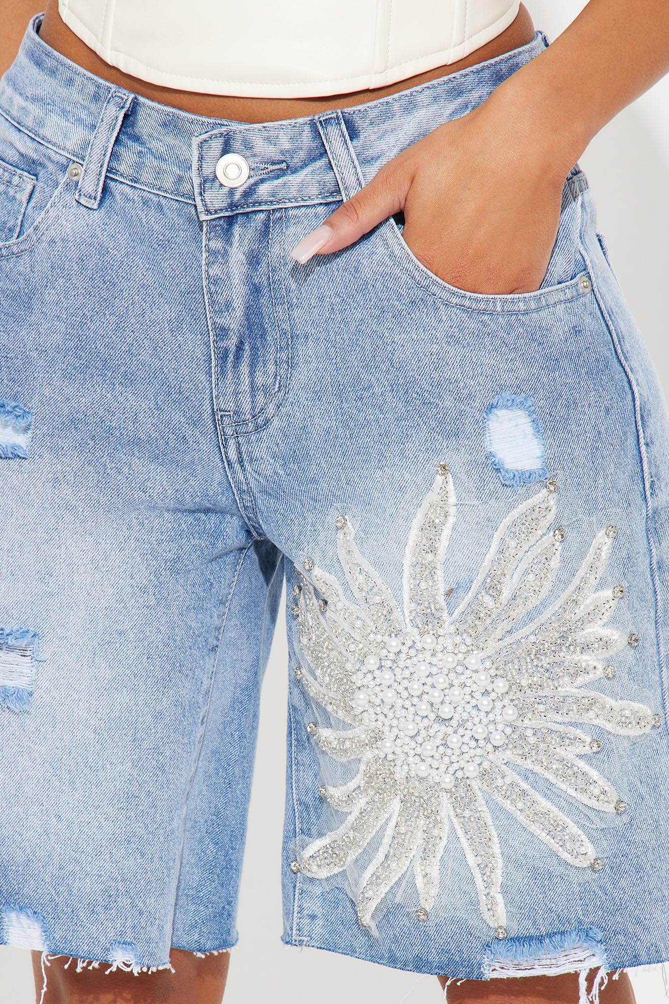 Paulina Pearl Embellished Bermuda Denim Shorts - Medium Wash Product Image