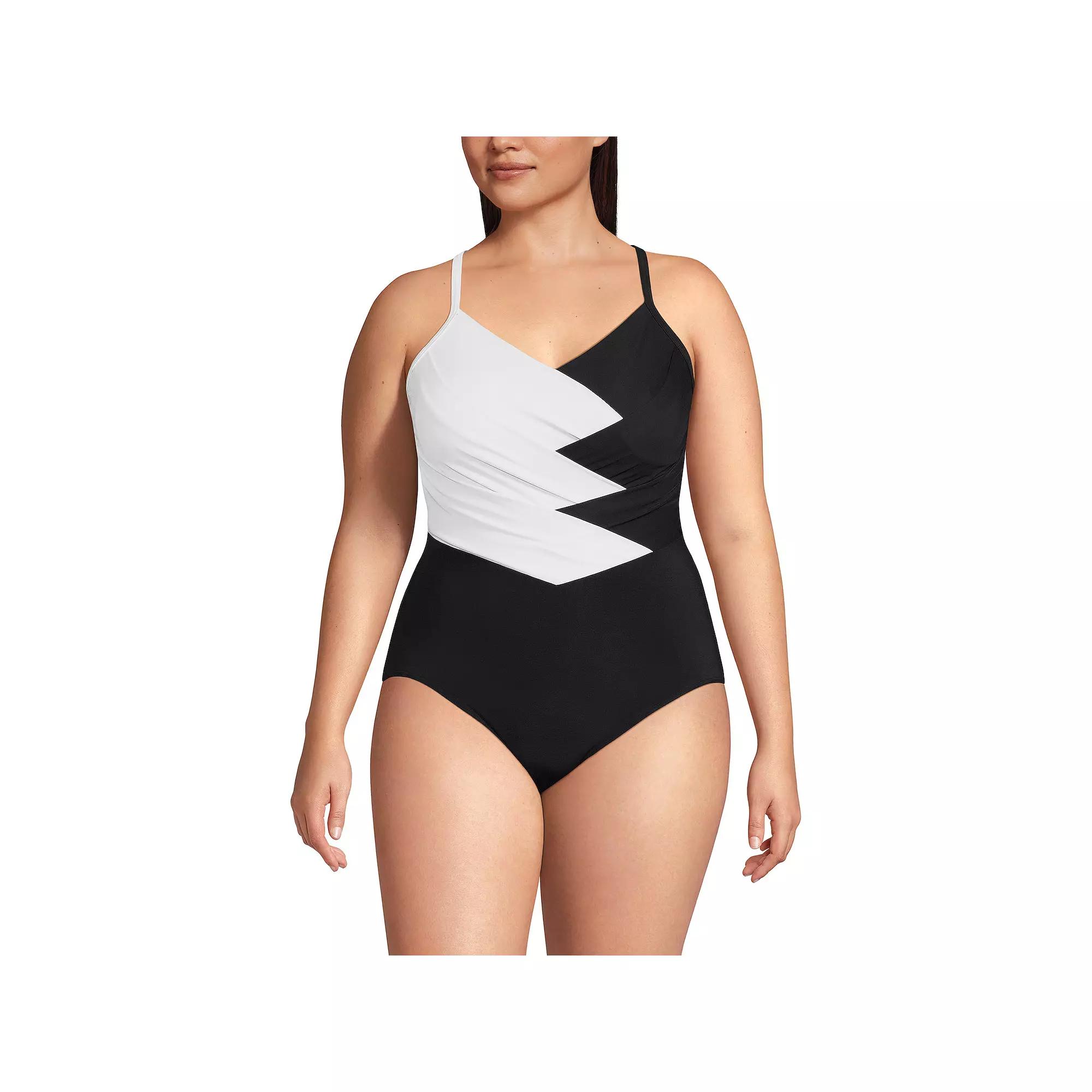 Plus Size Lands End Slender Suit Pleated X-Back One-Piece Swimsuit, Womens Product Image