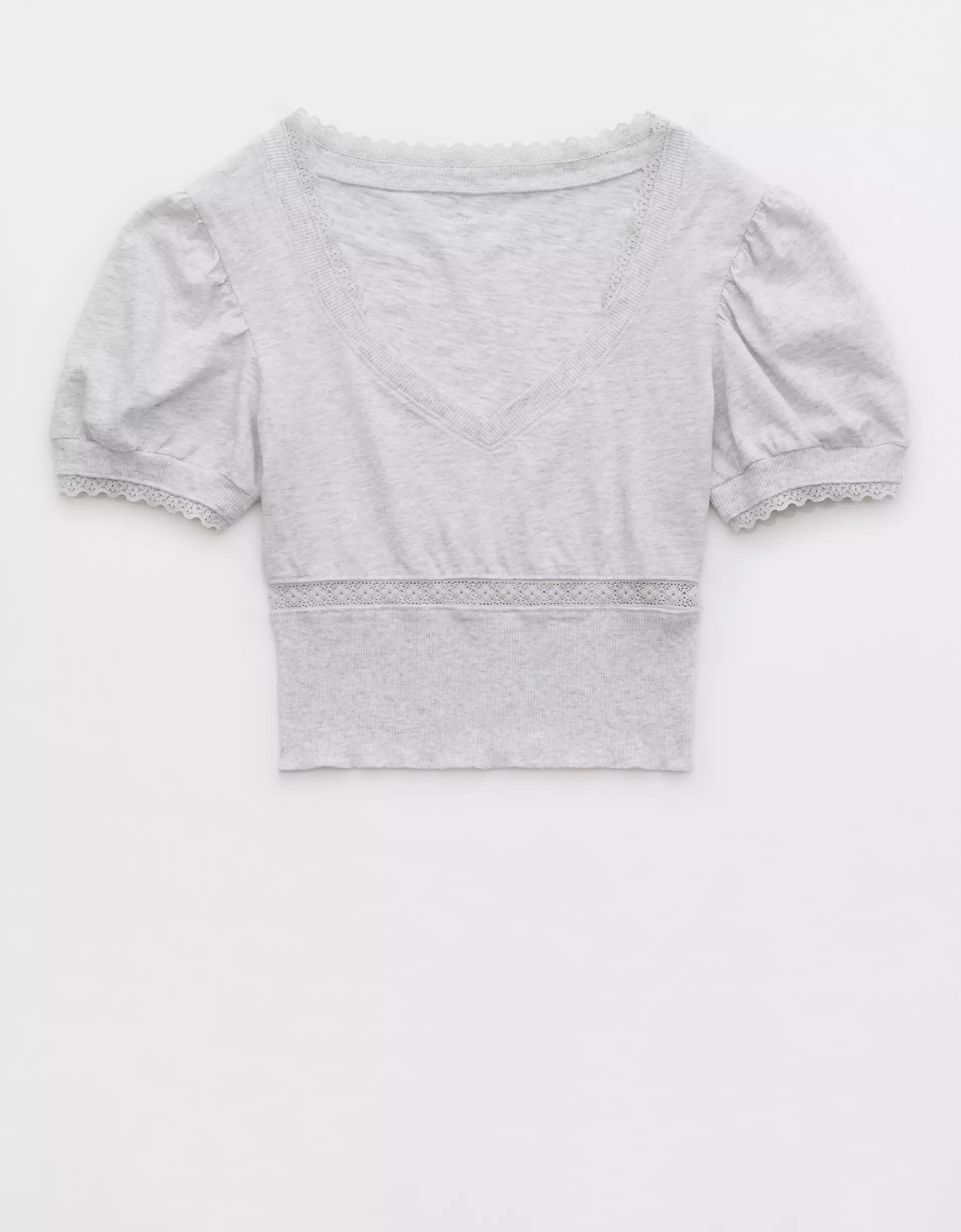 Aerie Cropped Lace Trim V-Neck T-Shirt Product Image