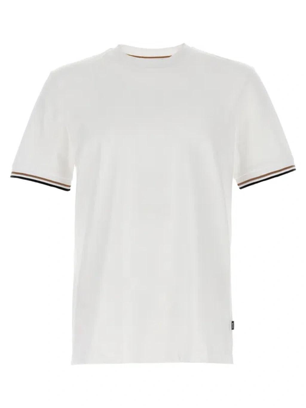 HUGO BOSS Mens White Striped-trim Regular-fit Cotton-jersey T-shirt Xxl Product Image