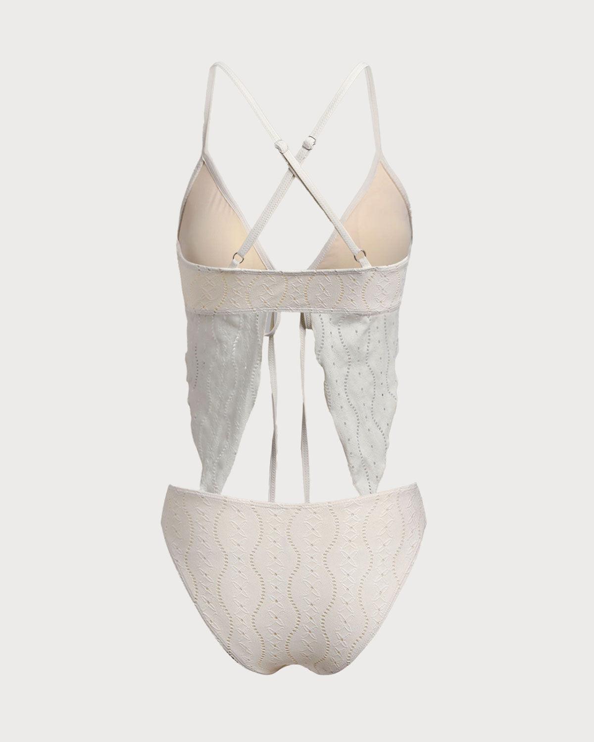 Beige Cutout Lace-Up Tankini Swimsuit Product Image