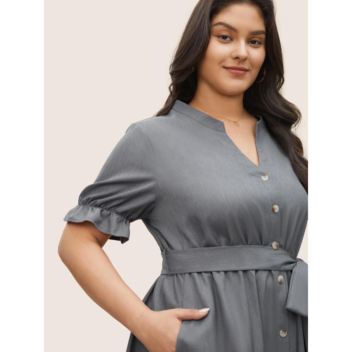 Plus Size Notched Button Detail Elastic Waist Belted Dress Gray Women At the Office Non Notched collar Short sleeve Curvy Midi Dress BloomChic 12/L Product Image