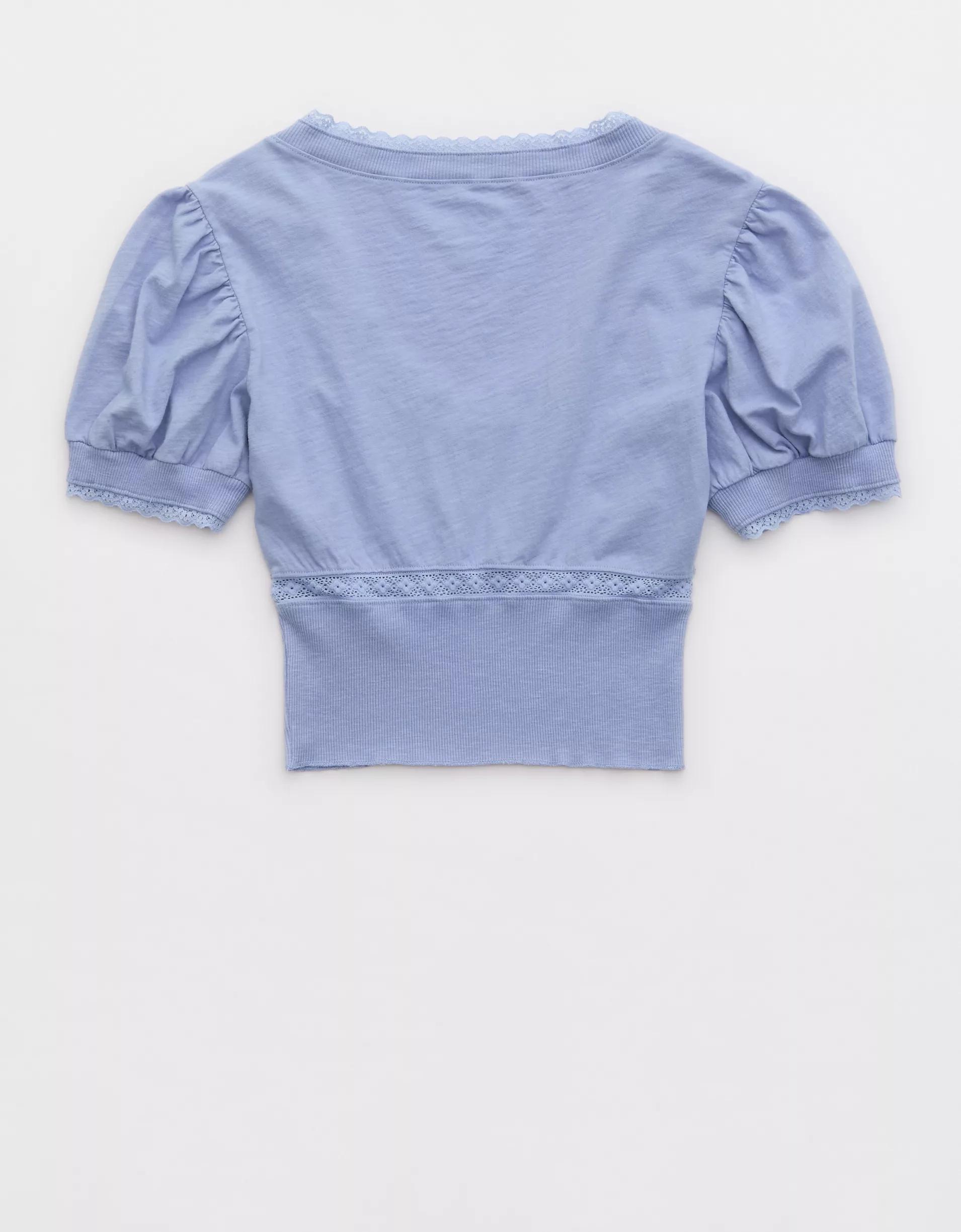 Aerie Cropped Lace Trim V-Neck T-Shirt Product Image
