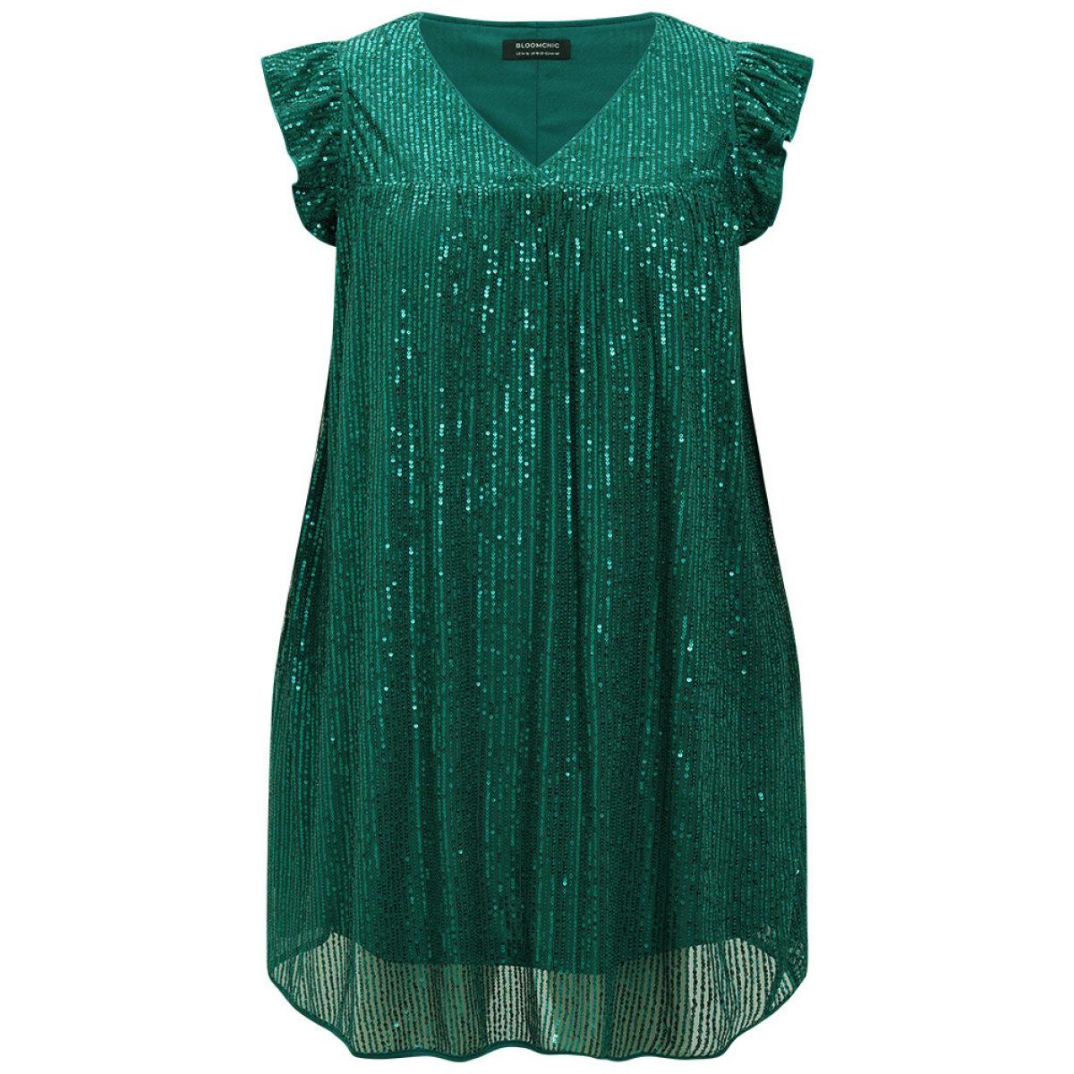 Plus Size Sequin Mesh Pocket Cap Sleeve Ruffle Trim Dress Emerald Women Party Plain V-neck Half Sleeve Curvy Knee Dress BloomChic 10/M Product Image