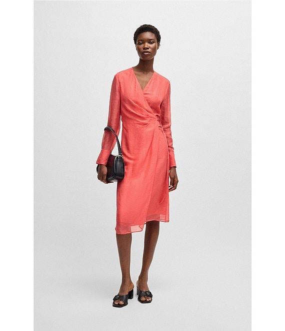 BOSS by Hugo Boss Dosala V-Neck Long Sheer Sleeve Wrap Midi Dress Product Image
