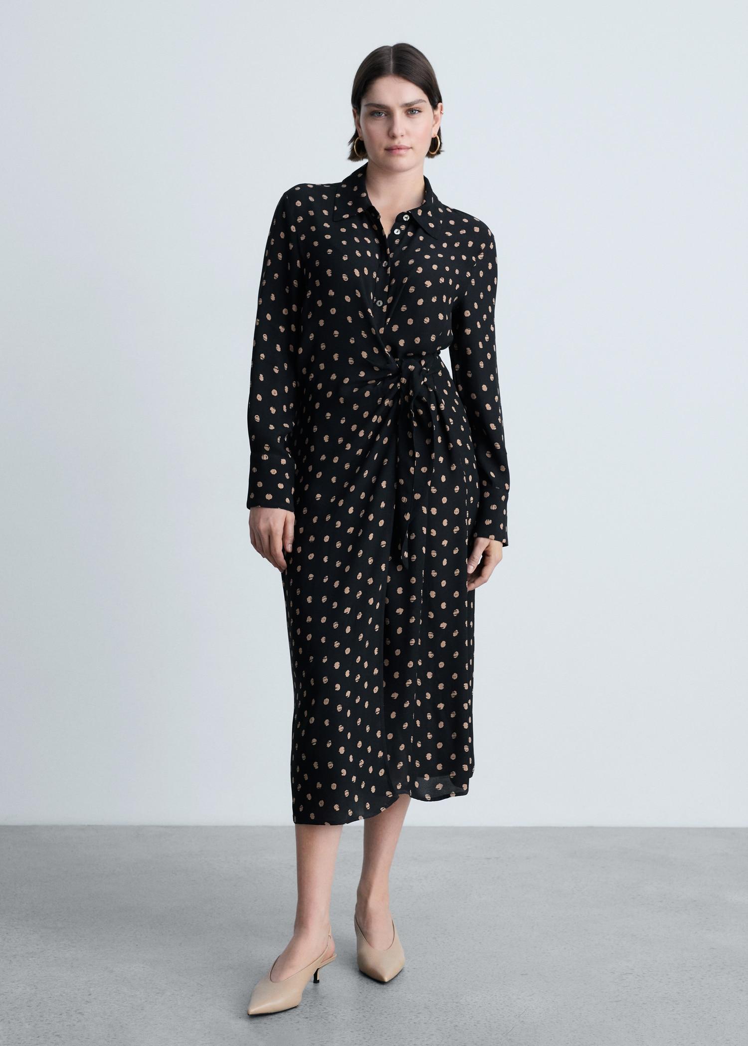 Polka-dot shirt dress with knot detail - Women | MANGO USA Product Image