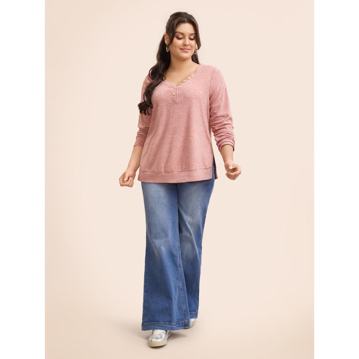 Plus Size V Neck Button Detail Split Hem T-shirt Beanpastepowder Women Casual Button V-neck Everyday T-shirts BloomChic 10/M Product Image